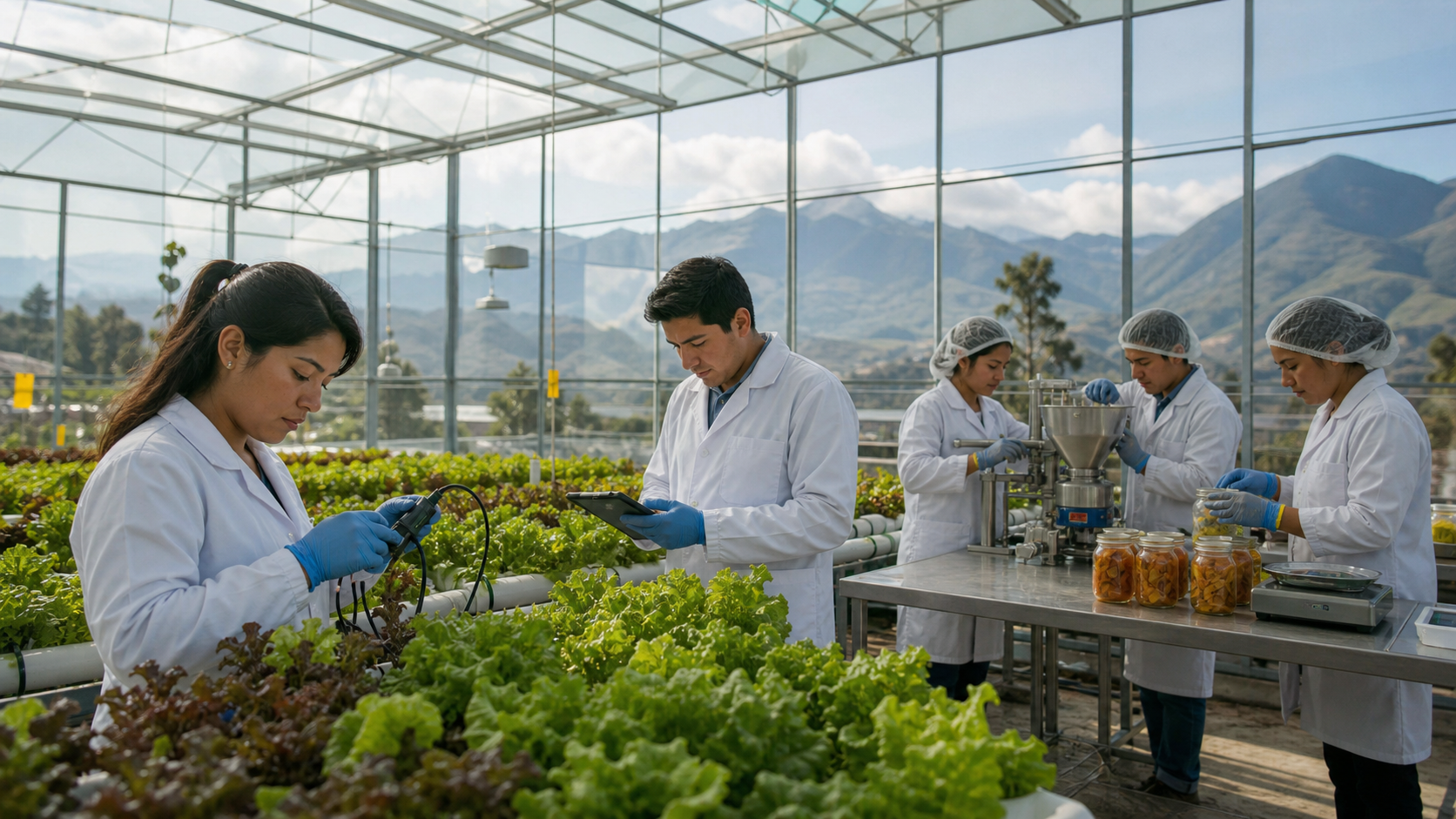 Estudiantes trabajando en un invernadero y cultivos de clima frío