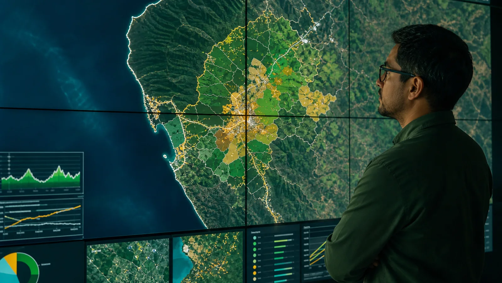 Investigador consultando mapas territoriales digitales