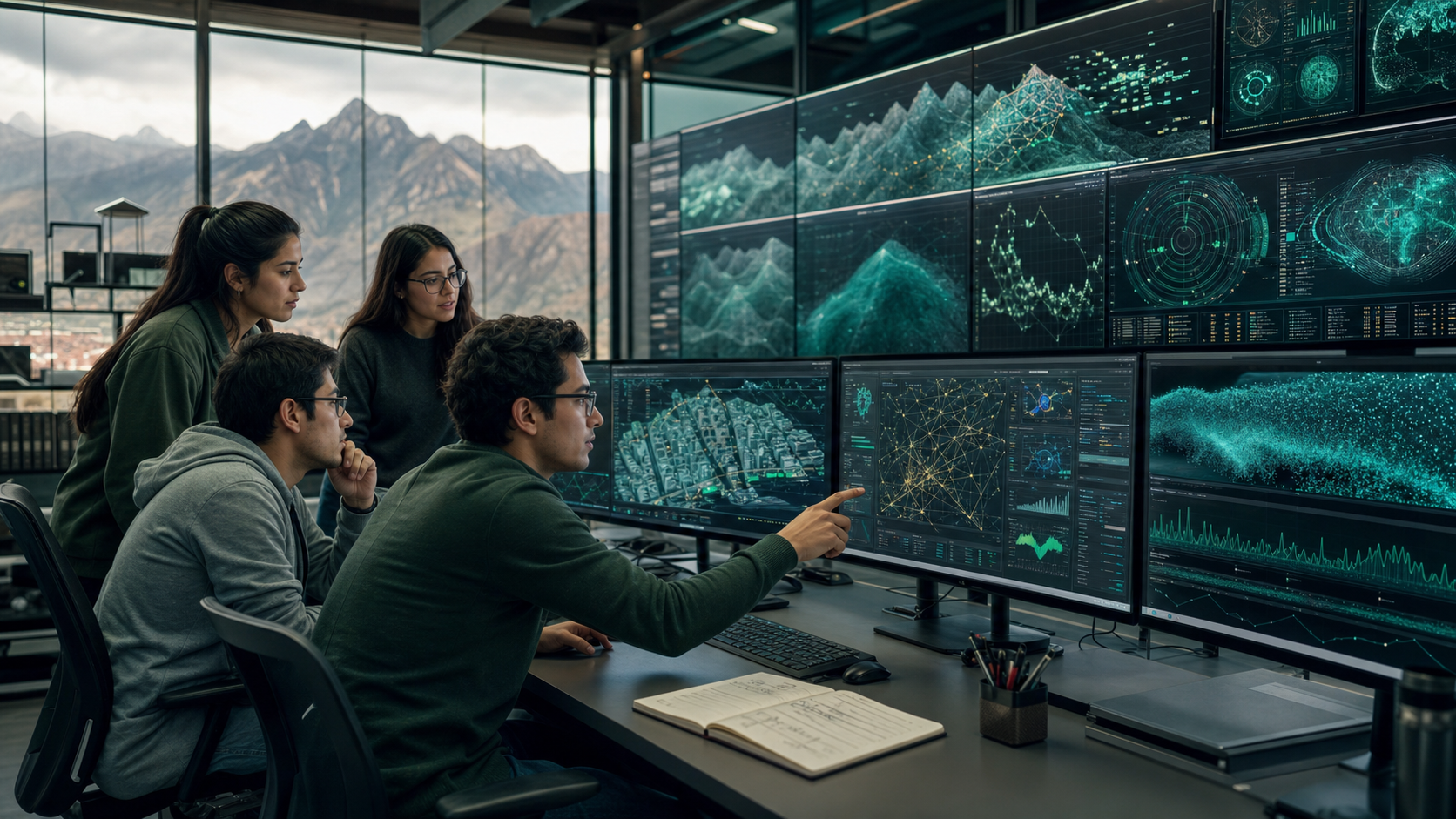 Equipo universitario trabajando con software científico y analítica